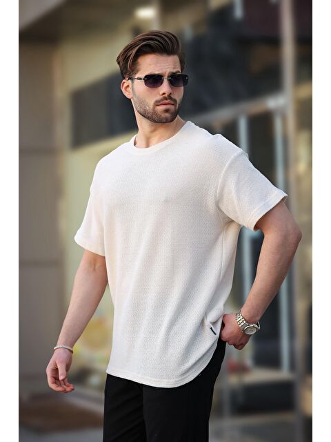 Madmext Ekru Bisiklet Yaka Oversize Erkek T-Shirt E7134 - S000423947-19965