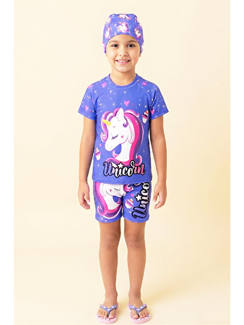 Modanino Kız Çocuk 3'lü Mayo Takımı (Şort+Üst+Bone) 2-8 Yaş 12585N