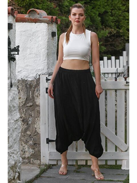 Chiccy Siyah Yıkamalı Lastikli Bel Şalvar Paça Casual Krinkıl Dokuma Pantolon 95 80 - S000468924-19351