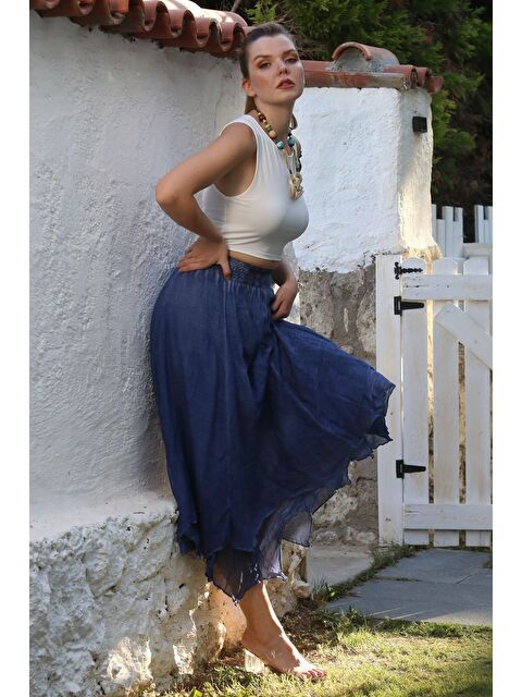 Chiccy Jean Mavisi Katlı Yıkamalı Lastikli Bel Casual Krinkıl Asimetrik Dokuma Etek 89 70 - S000359001-17234