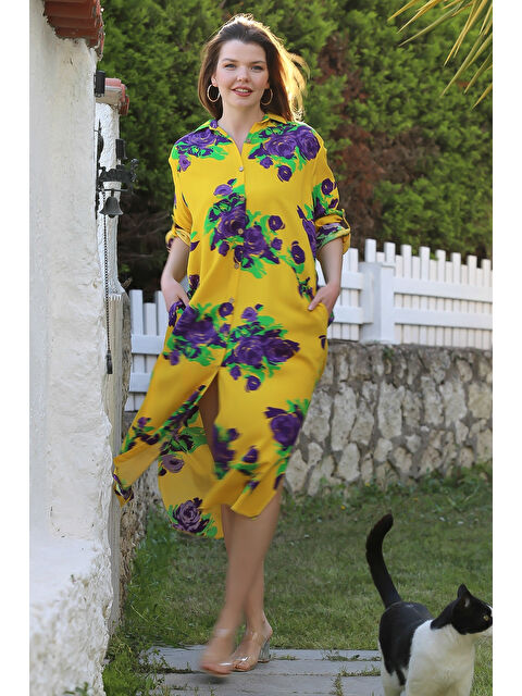 Chiccy Sarı Gömlek Yaka Düğmeli Uzun Kollu Gizli Cepli Yırtmaçlı Casual Viskon Dokuma Elbise 125 65 - S000367742-20072