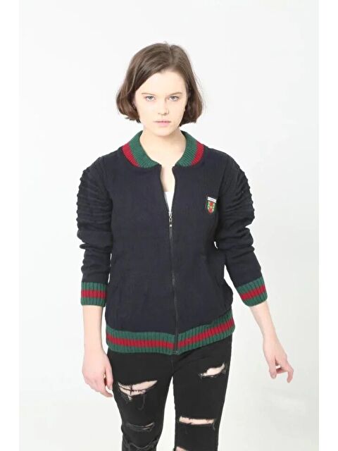 Jane's Tam Fermuarlı Triko Hırka - Lacivert