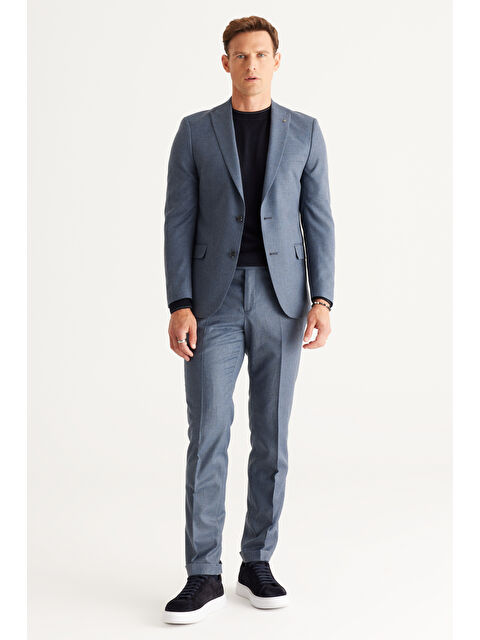 AC&Co / Altınyıldız Classics Erkek Mavi-Gri Slim Fit Dar Kesim Kırlangıç Yaka Desenli Takım Elbise - S000416285-37370