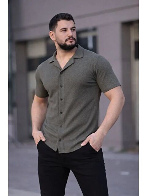 Jane's Erkek Waffle Kumaş Kısa Kollu Düğmeli Açık Yaka Regular Fit Gömlek - Haki - S000528983-18547
