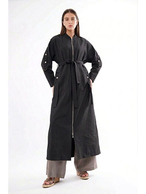 Remsa Kolu Çıtçıt Detay Önden Fermuarlı Safari Kap Ceket 820 Siyah - S000531375-19351