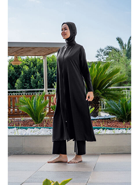 Formo Kadın Siyah Hızlı Kuruyan Fermuarlı Uzun Kapalı Tesettür Mayo