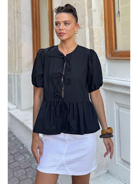 Gülseli Kadın Ön Bağlama Detaylı Fırfırlı Kol Lastikli Bluz - S000425504-19351