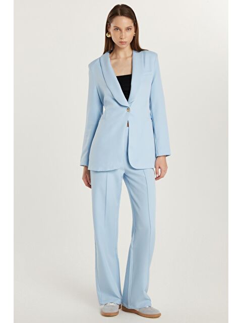 TUDORS Kadın Standart Fit Uzun Kollu Kruvaze Yaka Düğmeli Mavi Ceket Pantolonlu Takım - S000520564-17234