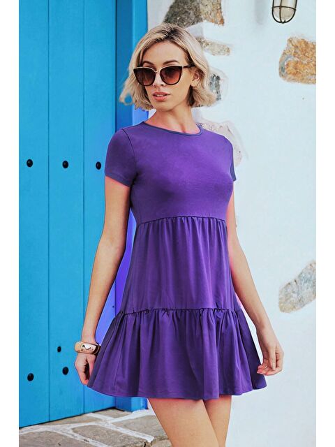 Trendseninle Mor Bisiklet Yaka Düz Kısa Kollu Fırfırlı Penye Elbise - S000393850-20042