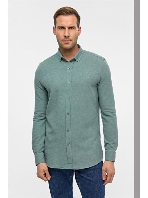 Süvari Haki Slim Armürlü Düğmeli Yaka Gömlek