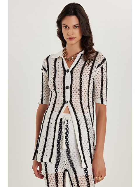 TUDORS Kadın Standart Fit Kısa Kollu V Yaka Düğmeli Örme Detaylı Takım - S000520570-23173