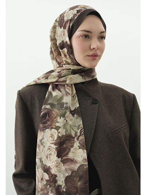Fresh Scarfs ROSE BREEZE DESENLİ PAMUK VİSKON ŞAL TOZLU KAHVE - S000514041-29705