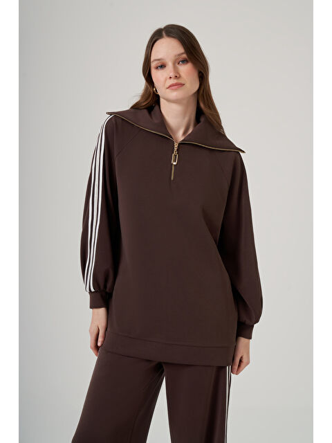 Nuss Şerit Detay Tunik Pantolon Takım 1093 Kahverengi