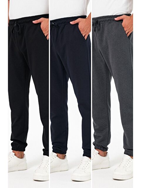 Mmetalic Kalın Siyah-Lacivert-Antrasit Erkek 3'lü Eşofman Altı Jogger Arka Cepli Lastik Paça Regular Fit Şard - S000268684-3490