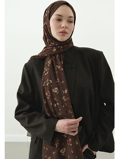 Fresh Scarfs TINY BLOOMS DESENLİ PAMUK VİSKON ŞAL SICAK KAHVE - S000514151-29705