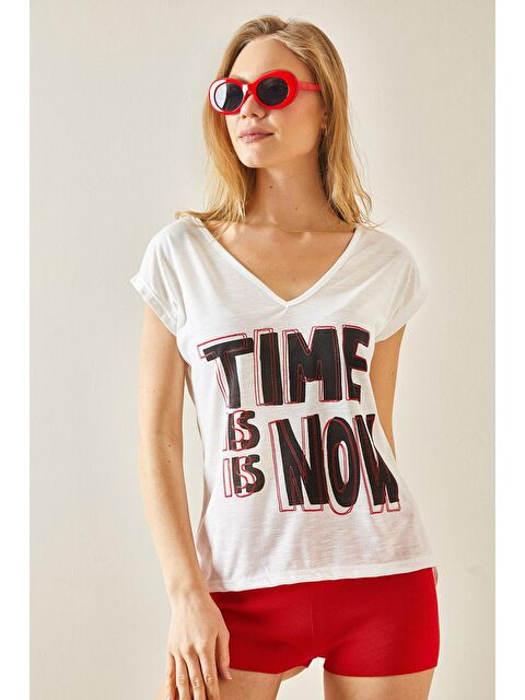 Xhan Beyaz V Yaka Baskılı Tişört 5YXK1-48230-01 - S000159161-20063