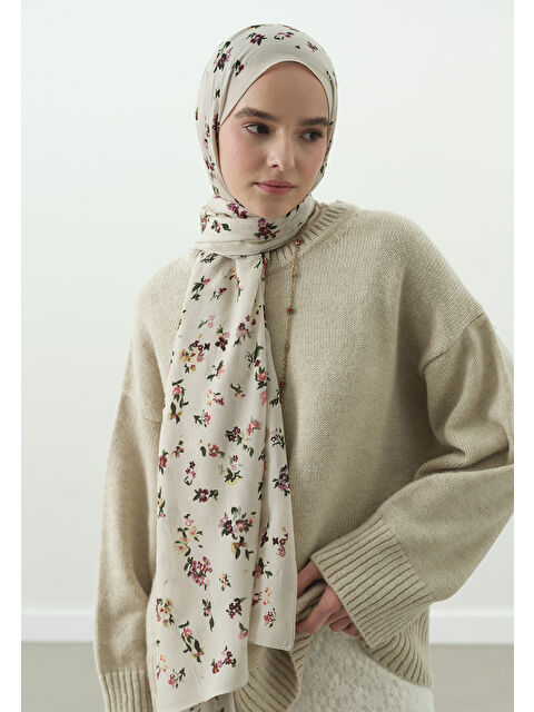 Fresh Scarfs TINY BLOOMS DESENLİ PAMUK VİSKON ŞAL BEJ - S000514151-19928