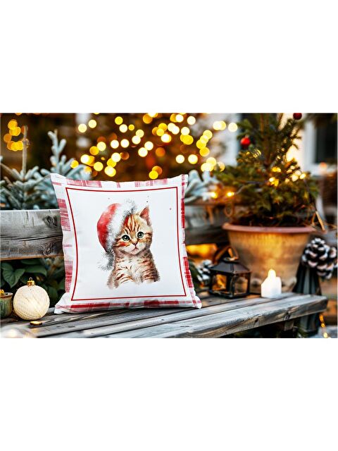 Evmila Yılbaşı Temalı Kedi DesenliKadife Kırlent Kılıfı 43x43 cm - S000285304-23173
