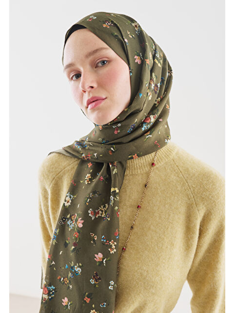 Fresh Scarfs TINY BLOOMS DESENLİ PAMUK VİSKON ŞAL HAKİ - S000514151-18547