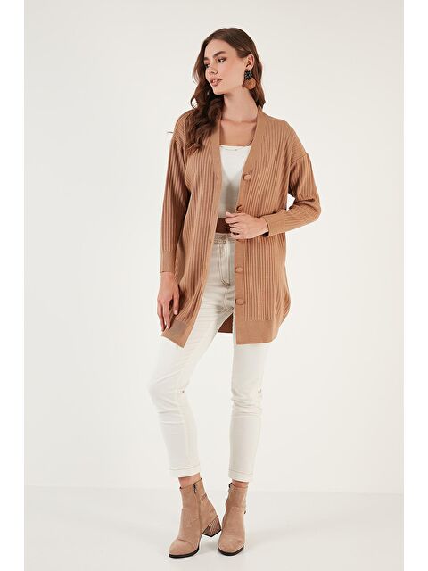 Lela V Yaka Düğmeli Uzun Triko Kadın Hırka - S000243017-37259