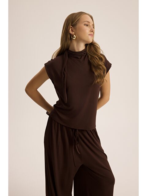 Mai Collection Merlin Bağlamalı Kahve Crop Pantolon Takım