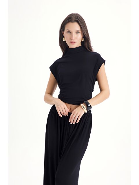 Mai Collection Merlin Bağlamalı Siyah Crop Pantolon Takım