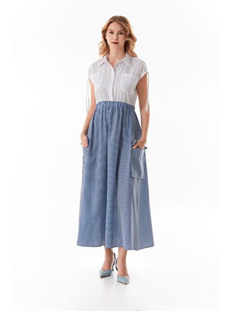 Fullamoda Çizgili Omzu Büzgülü Gömlek Elbise - S000380773-17234