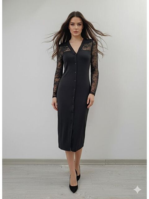 Jane's Kadın Uzun Kollu Transparan Detay Midi Boy Elbise - S000528995-19351