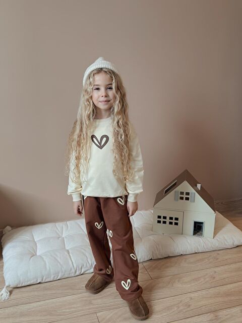 carla10 Kız Çocuk Pamuklu Love Desenli Eşofman Takımı Krem - S000491409-19966