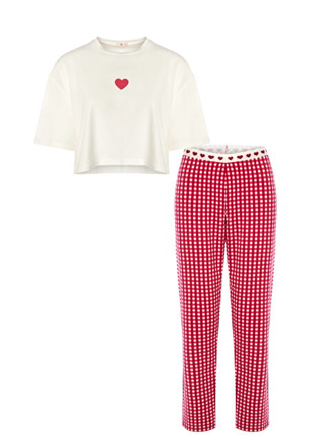 Koza İç Giyim Sevgililer Günü Temalı Kadın Pamuklu Oversize T-shirt Ekose Desenli Pijama Takımı - S000329327-37325