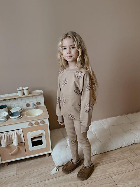 carla10 Kız Çocuk Pamuklu Sweatshirt Tayt İkili Takım Bej - S000491398-19928