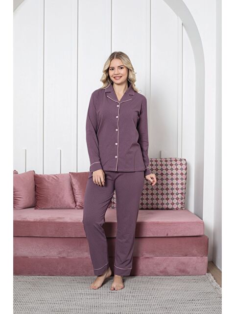 Formo Kadın Pamuklu Mor Puantiyeli Gömlek Yaka Boydan Düğmeli Biyeli Yüksek Kaliteli Pijama Takımı - S000504901-20042