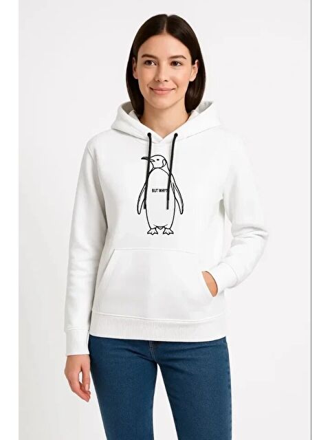 Jane's Nihilist Penguen Özel Tasarım Oversize Kapüşonlu Sweatshirt - Beyaz
