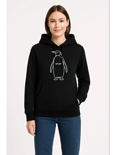 Jane's Nihilist Penguen Özel Tasarım Oversize Kapüşonlu Sweatshirt - Siyah