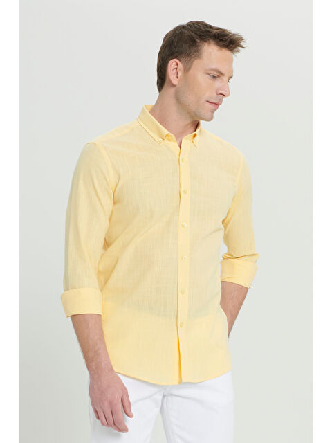 AC&Co / Altınyıldız Classics Erkek Sarı %100 Pamuk Oxford Slim Fit Dar Kesim Düğmeli Yaka Flamlı Gömlek - S000394285-20072