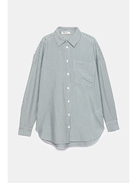 Saade Haki Kadın Çizgili Dokulu Regular Basic Gömlek - Tek Cepli