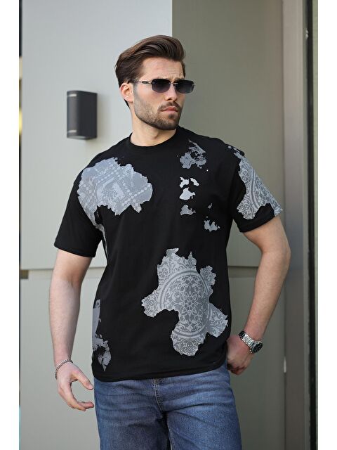 Madmext Siyah %100 Pamuklu Desenli Erkek Tişört E7142 - S000423959-19351