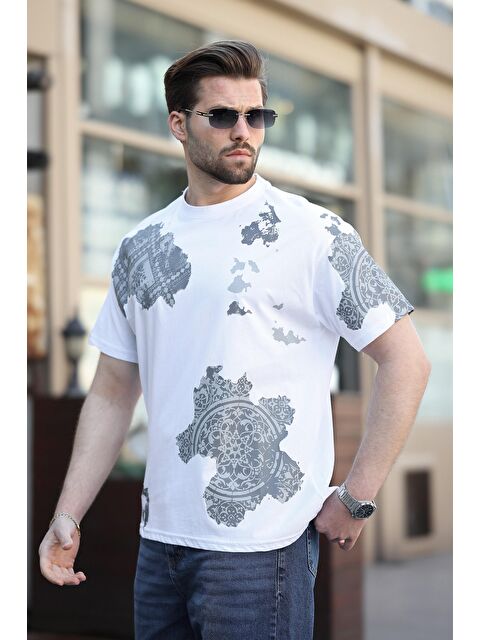 Madmext Beyaz %100 Pamuklu Desenli Erkek Tişört E7142 - S000423959-20063