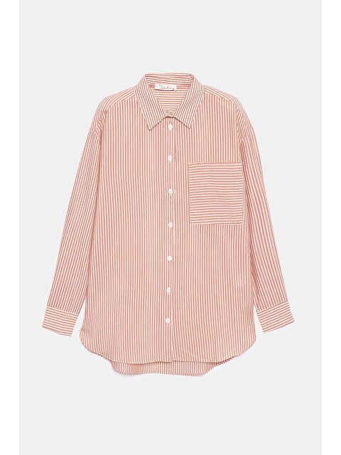 Saade Kiremit Kadın Çizgili Dokulu Regular Basic Gömlek - Tek Cepli