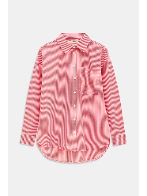 Saade Kırmızı Kadın Çizgili Dokulu Regular Basic Gömlek - Tek Cepli