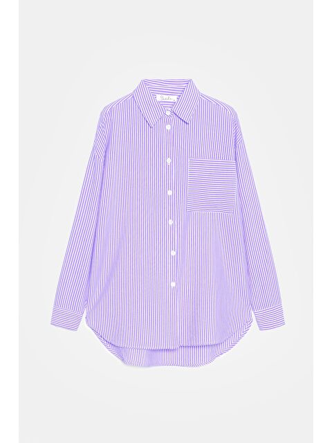Saade Lila Kadın Çizgili Dokulu Regular Basic Gömlek - Tek Cepli