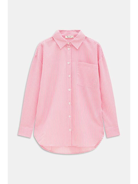 Saade Pembe Kadın Çizgili Dokulu Regular Basic Gömlek - Tek Cepli