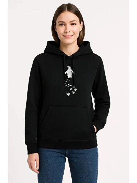 Jane's Nihilist Penguen Temalı Oversize Kapüşonlu Sweatshirt - Siyah