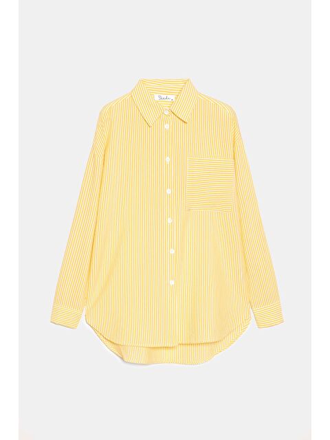 Saade Sarı Kadın Çizgili Dokulu Regular Basic Gömlek - Tek Cepli