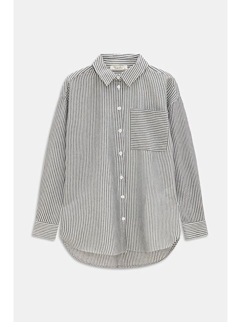 Saade Siyah Kadın Çizgili Dokulu Regular Basic Gömlek - Tek Cepli