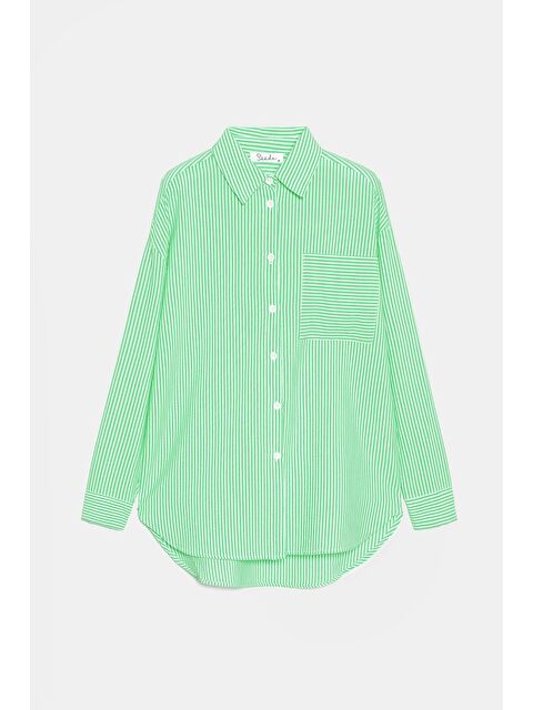 Saade Yeşil Kadın Çizgili Dokulu Regular Basic Gömlek - Tek Cepli