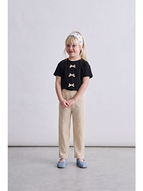 Magu Kız Çocuk Pamuklu Siyah Fiyonk Detaylı Tişört Pantolon Takım