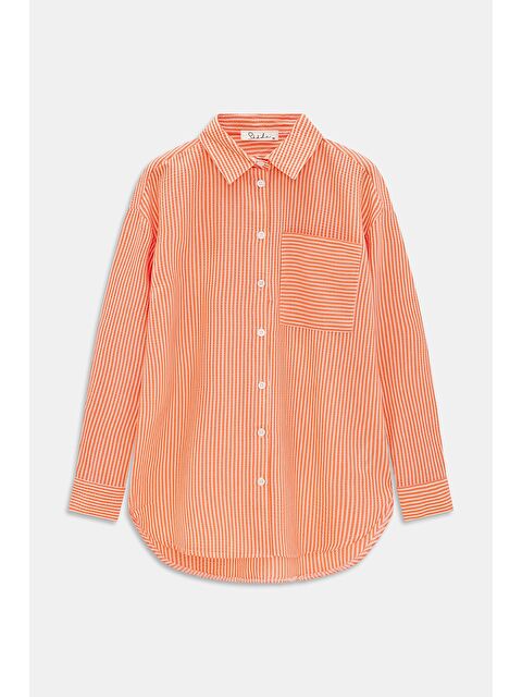 Saade Turuncu Kadın Çizgili Dokulu Regular Basic Gömlek - Tek Cepli