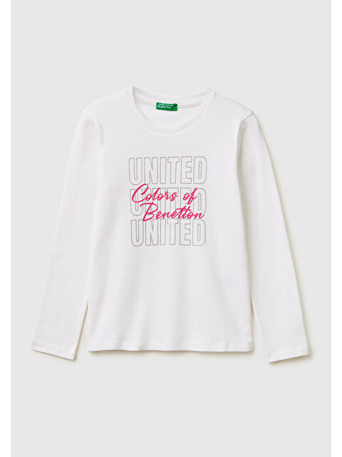 United Colors Of Benetton Kız Çocuk Beyaz Simli Logo Detaylı Bisiklet Yaka Uzun Kollu T-Shirt
