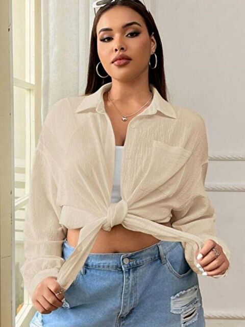 Trendseninle Kadın Bej Cepli Bürümcük Gömlek - S000531379-19928